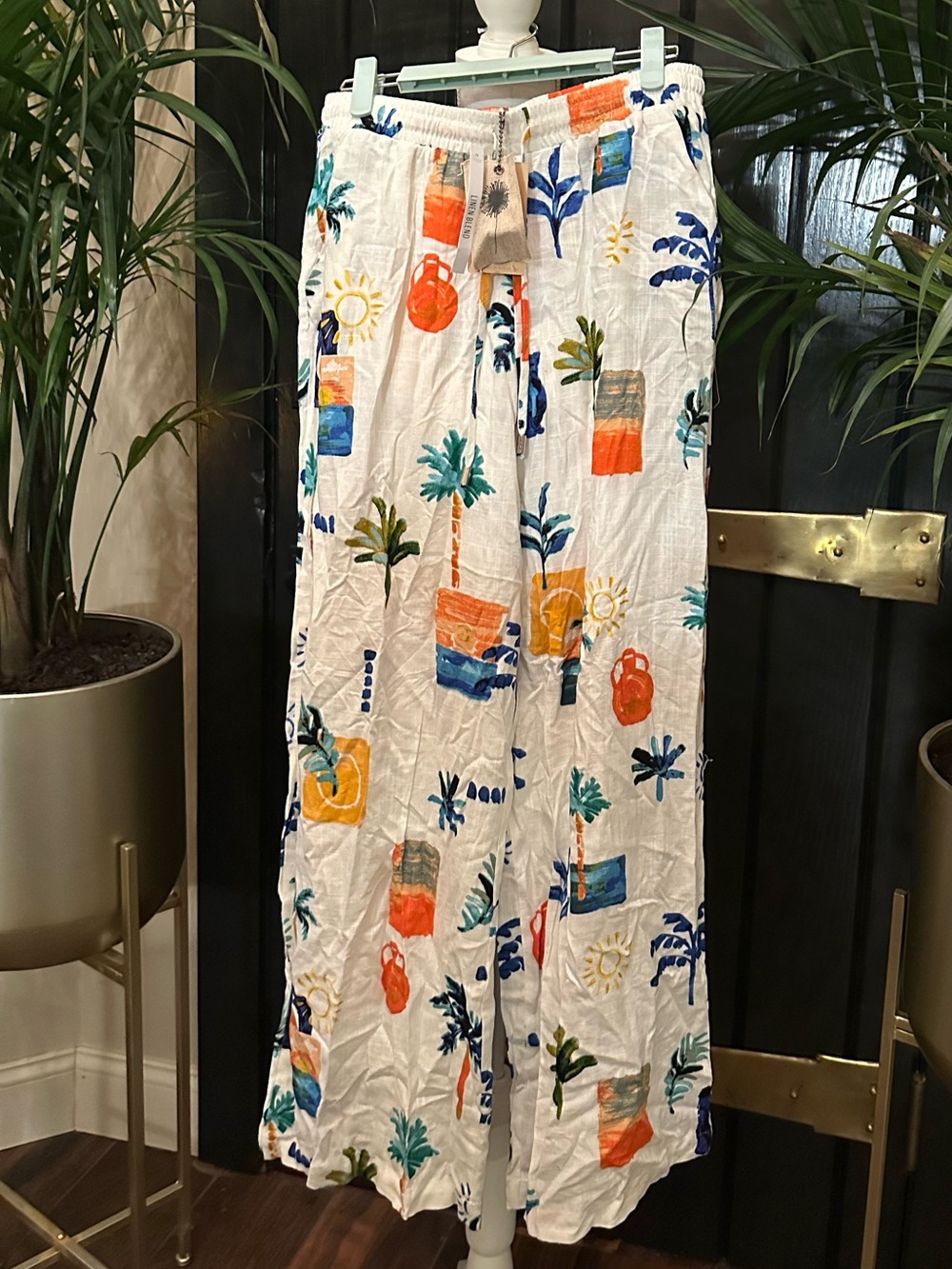 NWT LABEL OF LOVE White Linen Tropical Print Wide Leg beach Pants Mariposa Sz M